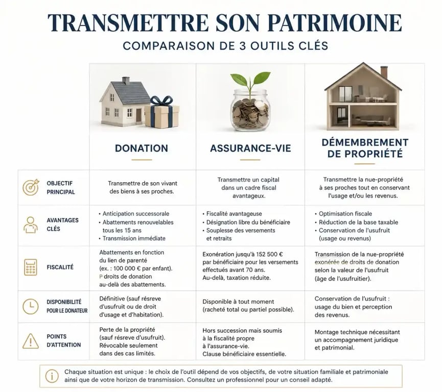 Comparatif des outils de transmission de patrimoine à Rouen : donation, assurance-vie et démembrement
