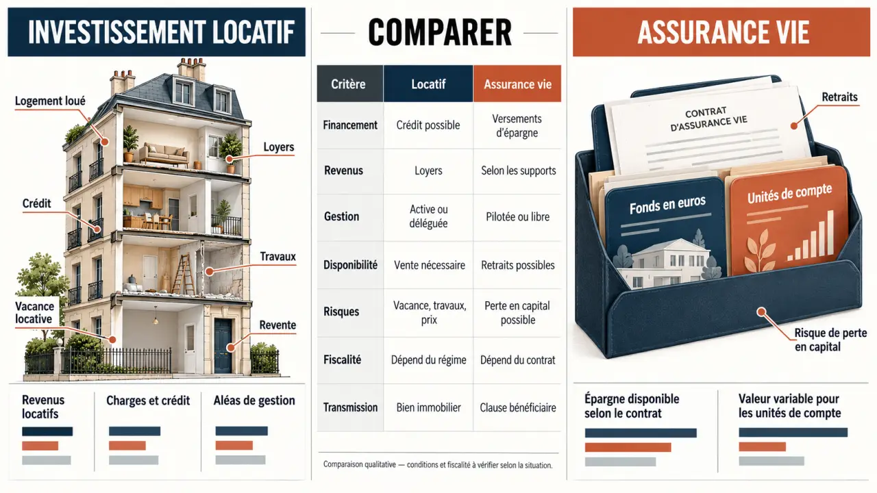 Infographie sur la différence entre investissement locatif et assurance vie selon le financement, la liquidité, les risques et la fiscalité