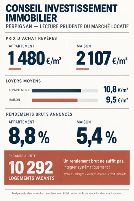 Infographie sur le conseil investissement immobilier Perpignan avec prix, loyers, rendements et vacance locative