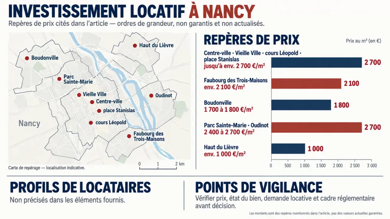 Infographie sur l'investissement locatif à Nancy et les prix indicatifs des quartiers