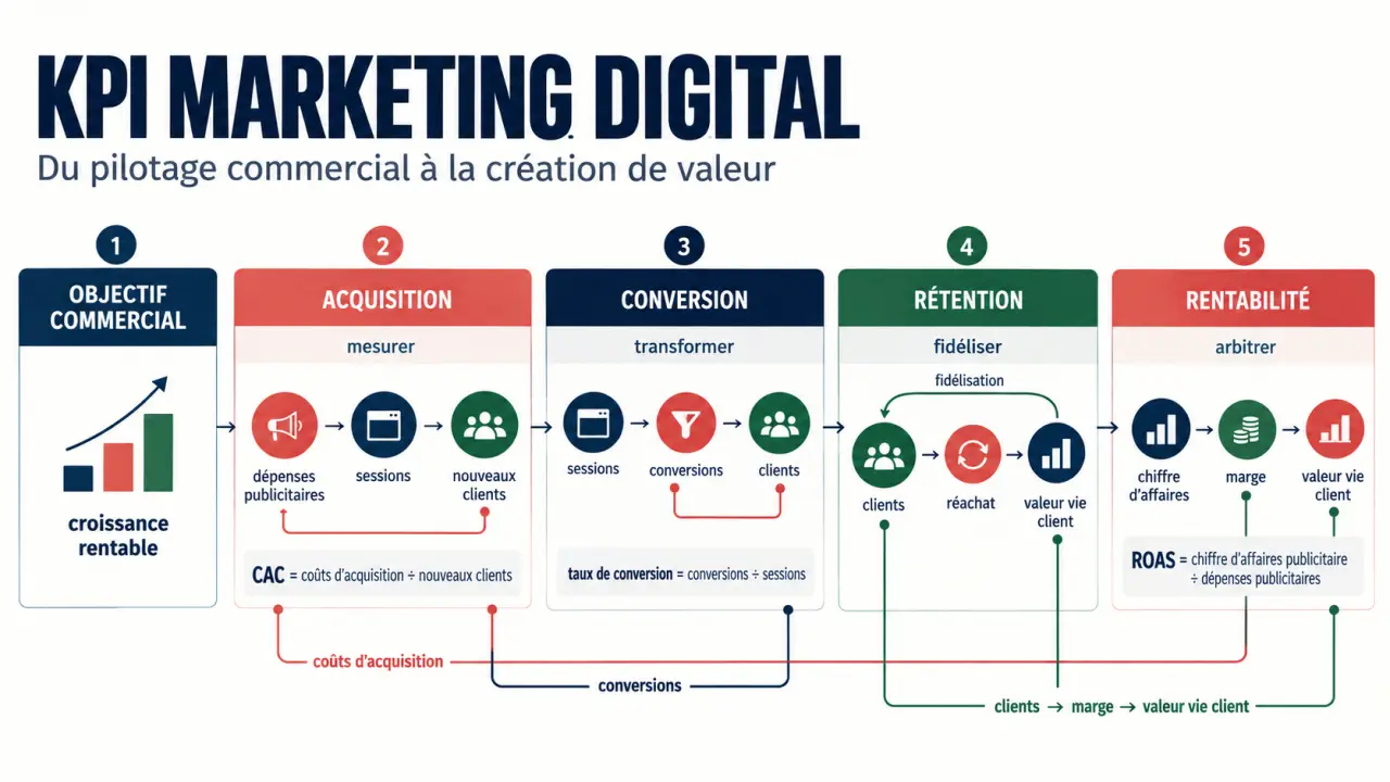 Infographie sur les KPI marketing digital et les formules du CAC, du ROAS et du taux de conversion