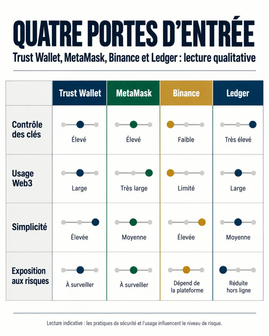 Trust Wallet avis : comparaison visuelle avec MetaMask, Binance et Ledger