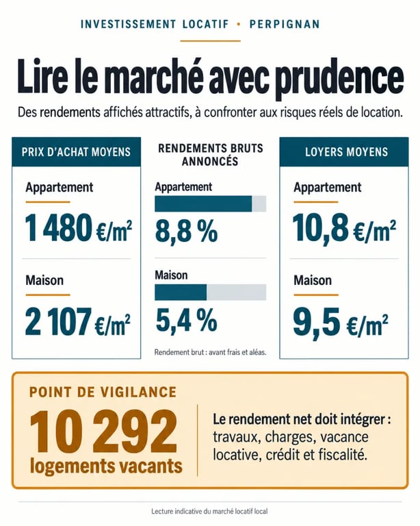 Infographie sur le conseil investissement immobilier Perpignan avec prix, loyers, rendements et vacance locative